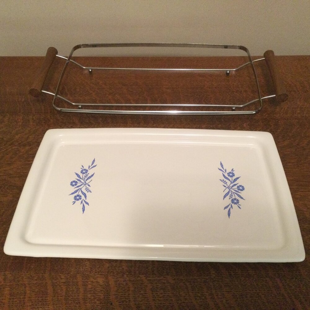 Vintage Corningware BLUE CORNFLOWER BAKE BROIL SERVING TRAY P-35-B With Cradle